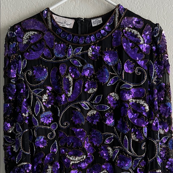 Vintage Lawrence Kazar Sequin Beaded Embellished Silk Blouse Purple in M - Picture 3 of 16